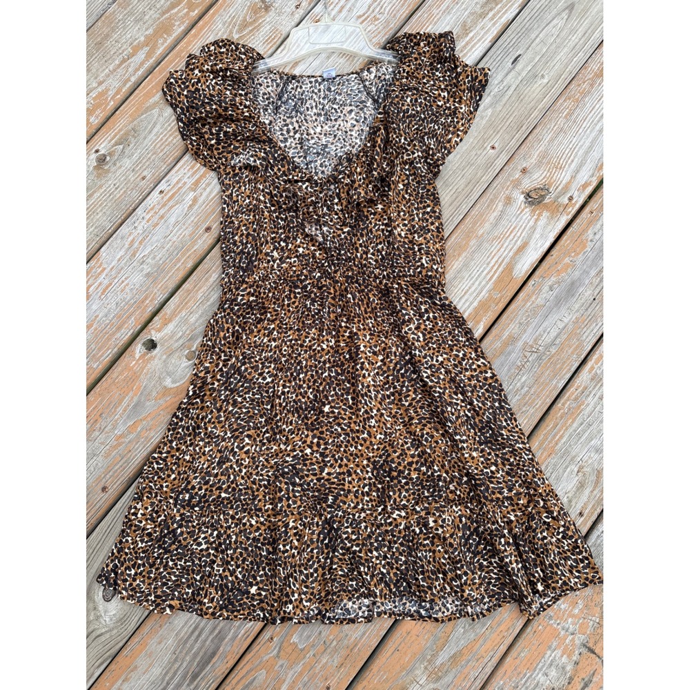 Old Navy Womens Leopard Print Ruffle Mini Dress Smocked Waist Brown Med